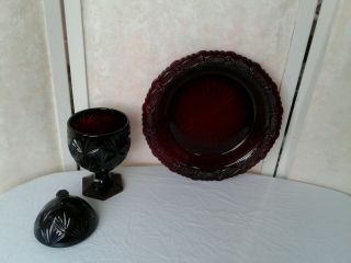 Vintage Avon Ruby Red Glass 2 Piece Egg Candy Dish & Cape Cod Pie Plate 3