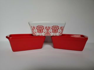 Set Of 3 Holiday Stoneware Mini Loaf Pans/dip Bowls 5.  9 X 3.  5 X 2.  1 Inch Each