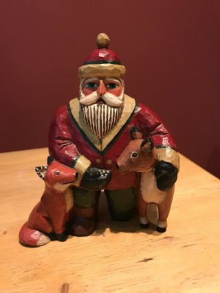 Tate Hand Carved Wooden Santa With Fox And Reindeer