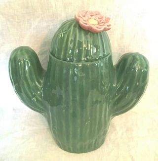 Treasure Craft Saguaro Cactus Cookie Jar Green W/ Pink Flower Southwest Desert