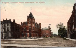 Bowmanville Ontario On King St.  & Temperance Street C1914 Antique Postcard E15