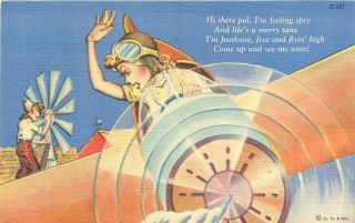 Aircraft Comic Humor Woman Aviator Teich Linen Postcard 11499