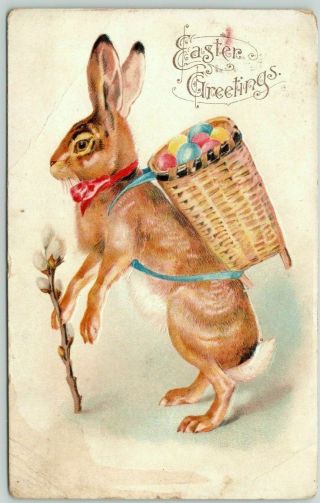 Standing Bunny Rabbit With Basket Of Eggs Pussy Willows Easter Postcard - M949