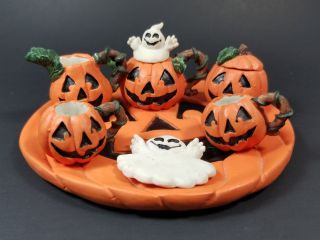7pc Mini Ceramic Halloween Pumpkin & Ghost Tea Party/doll Set Teacups Pitcher