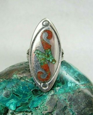 Vintage Navajo William Singer Signed Turquoise Coral Inlay Sterling Ring Sz 7.  5