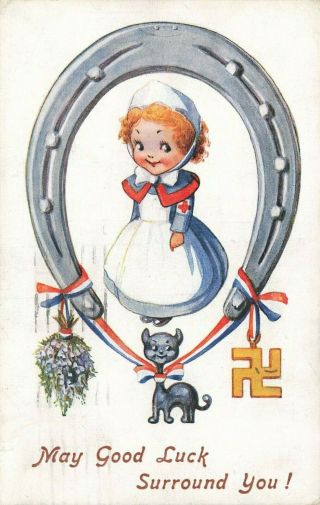 Greetings Postcard: Swastika,  Red Cross Nurse & Lucky Black Cat Theme