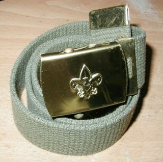Boy Scouts Of America Bsa Vtg Brass Belt Buckle,  Green Web Belt Small 29 " Usa