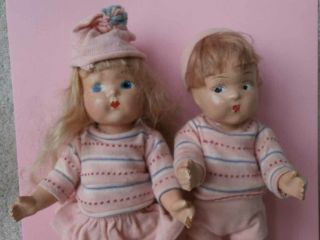 RARE PAIR Late 40 ' s PAINTED EYE Vintage Vogue Ginny Brother Sister Dolls 2