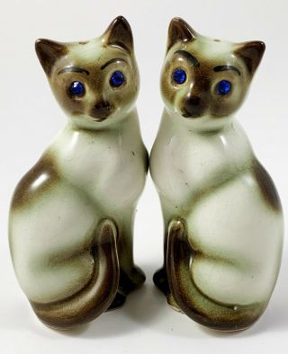 Vintage Siamese Cats Salt Pepper Shakers Blue Rhinestone Eyes Japan