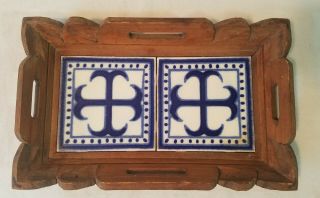 Vintage Handled Wooden Tray With Two Blue And White Tile Trivets Inside