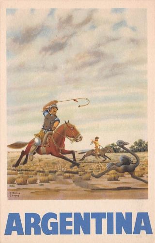 Argentina,  Panagra Airlines Poster Style Adv Pc,  Ostrich Chase C.  1930 - 1940 