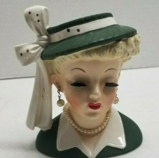Vintage Napco 1956 Green Lady Head Vase Pearl Necklace Earrings
