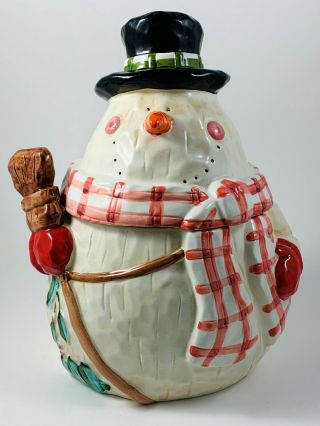 Snowman Cookie Jar Top Hat Broom Scarf Carrot Nose 11 Inches
