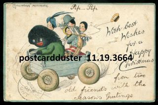 3664 - Signed - Florence Upton 1903 Motoring Black Doll Christmas Series By Tuck