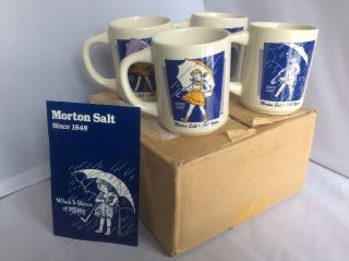 Set Of 4 Morton Salt Girl Ceramic Coffee Mugs " 150 Years Since 1848 " Mlnt Nib G5