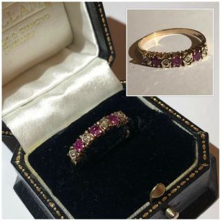 Vintage 9ct Yellow Gold Diamond & Ruby Half Eternity Ring Large Size V