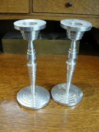 Vtg Art Deco Machine Age Aluminum Candlesticks Candle Holders 6 " Tall