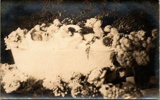 Rppc 1915 Post Mortem Infant Boy Open Casket Covered In Flowers F65