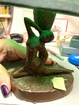 Vintage Bronze Art Deco Lady Lamp Green Shade 7 1/2 " Tall