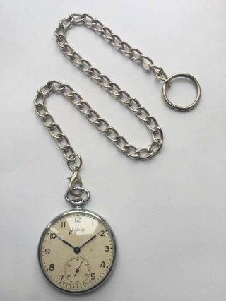 Rare Vintage Soviet Pocket Watch Molnija 15 Jewels Cccp Top Nr 1 Mchz Chain 3602