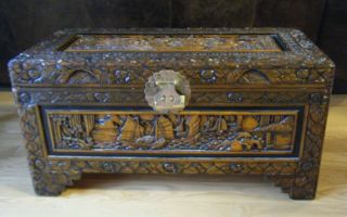 Vintage Hand Carved Chinese Camphor Wood Storage Trunk Hope Chest 3