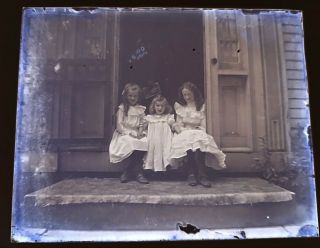 Vintage Glass Negative Children In Front Of A House