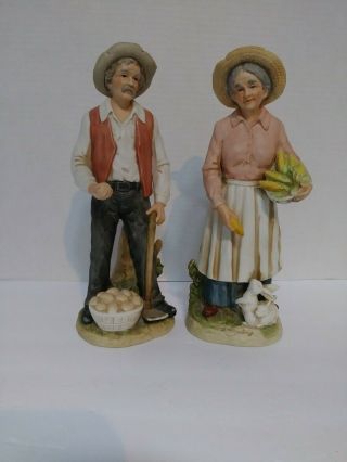 Homco Home Interiors Porcelain Figurines Old Man W Potatoes Old Woman W Corn