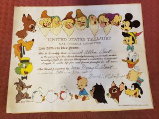 1944 Walt Disney Us Treasury War Bond Certificate World War 2 Wwii