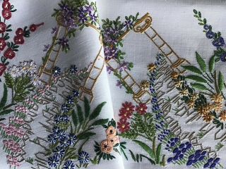 Exceptional Large Vintage Linen Hand Embroidered Tablecloth Garden Florals