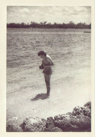 Vintage Old 1940 Photo Of Girl In Swimsuit At Beach Taking Photo Camera