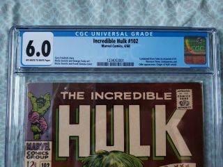 The Incredible Hulk 102,  CGC 6.  0,  1968,  1st Hulk issue after Tales to Astonish 2