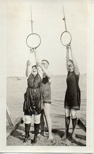 61578.  Photo Circa 1915 Man With Two Women With Exercise Rings On Maine Beach