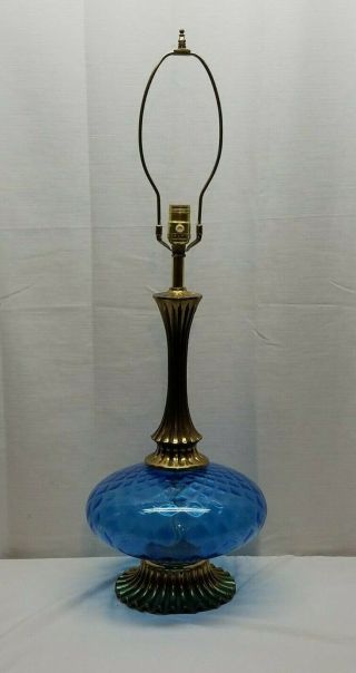 Vintage Mid Century Modern Blue Art Glass Brass Table Lamp Ufo Atomic Light 60s