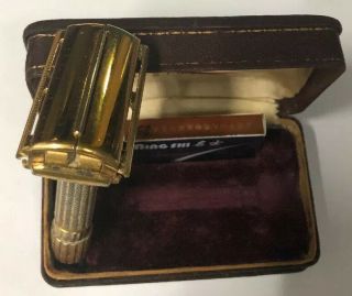 Vintage Gillette Gold Aristocrat Safety Razor W/ Case & Blades