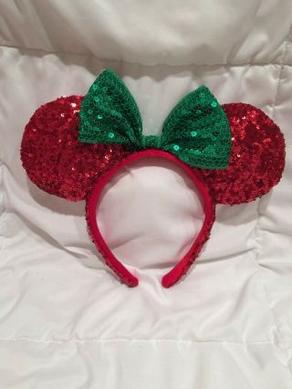 Disney Minnie Mouse Ears Christmas Green Red Sequin Headband W/bow Rare 2015