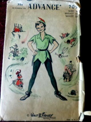 Rare Vtg 1950s Walt Disney Peter Pan Costume Sewing Pattern 8