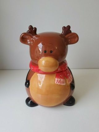 Adorable Reindeer Holiday Ceramic Canister Cocoa Cookie Jar Christmas Scarf Deer