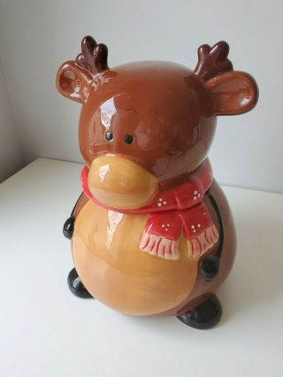Adorable Reindeer Holiday Ceramic Canister Cocoa Cookie Jar Christmas Scarf Deer 3