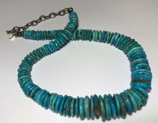 Vtg Sterling Silver 925 Carved Graduated Blue Turquoise Beaded Disc Necklace