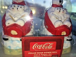 Gibson Ceramic Coca Cola Polar Bear Down Hill Sled Salt Pepper Shakers Nip