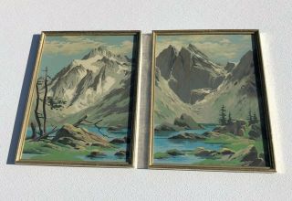 Vtg Complete Paint By Number Winter Mountain Scene Framed Picture 13”x17” Art