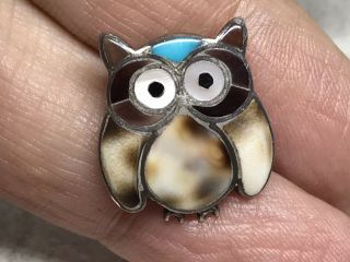 Vintage Zuni Snowa Esalio Sterling Silver Multi Stone Inlay Owl Pin Pendant