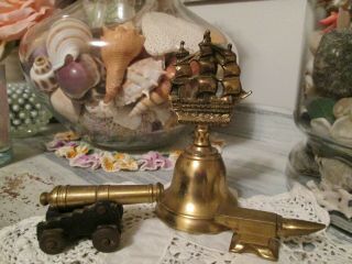 Vintage Brass Ship Bell Victory,  Brass Anchor,  And Cast Iron And Brass Cannon