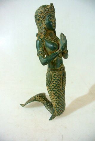 Mermaid Brass Heavy Statue 8 " High Display Vintage Style Aged Green Pray Dewi B
