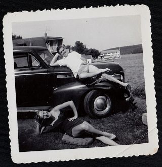 Vintage Antique Photograph Sexy Man & Woman In Bathing Suits Posing By Old Car