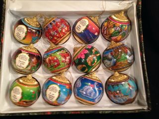 The Twelve Days Of Christmas Ornaments Vtg Rare 12 Vintage Gold Trim Satin Balls