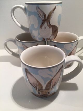 Williams Sonoma Damask Bunny Rabbit Mugs Cups Set 4 Charming Signed