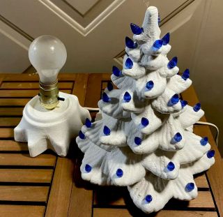 Vintage Mcm White Ceramic Christmas Tree All Cobalt Blue Lights