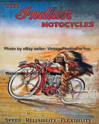 Old Antique Native American Indian Motorcycle Advertisement Illustration Photo