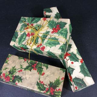 3 Vintage Christmas Gift Boxes Holly & Berries 1 W/original String Bow 1w/doves